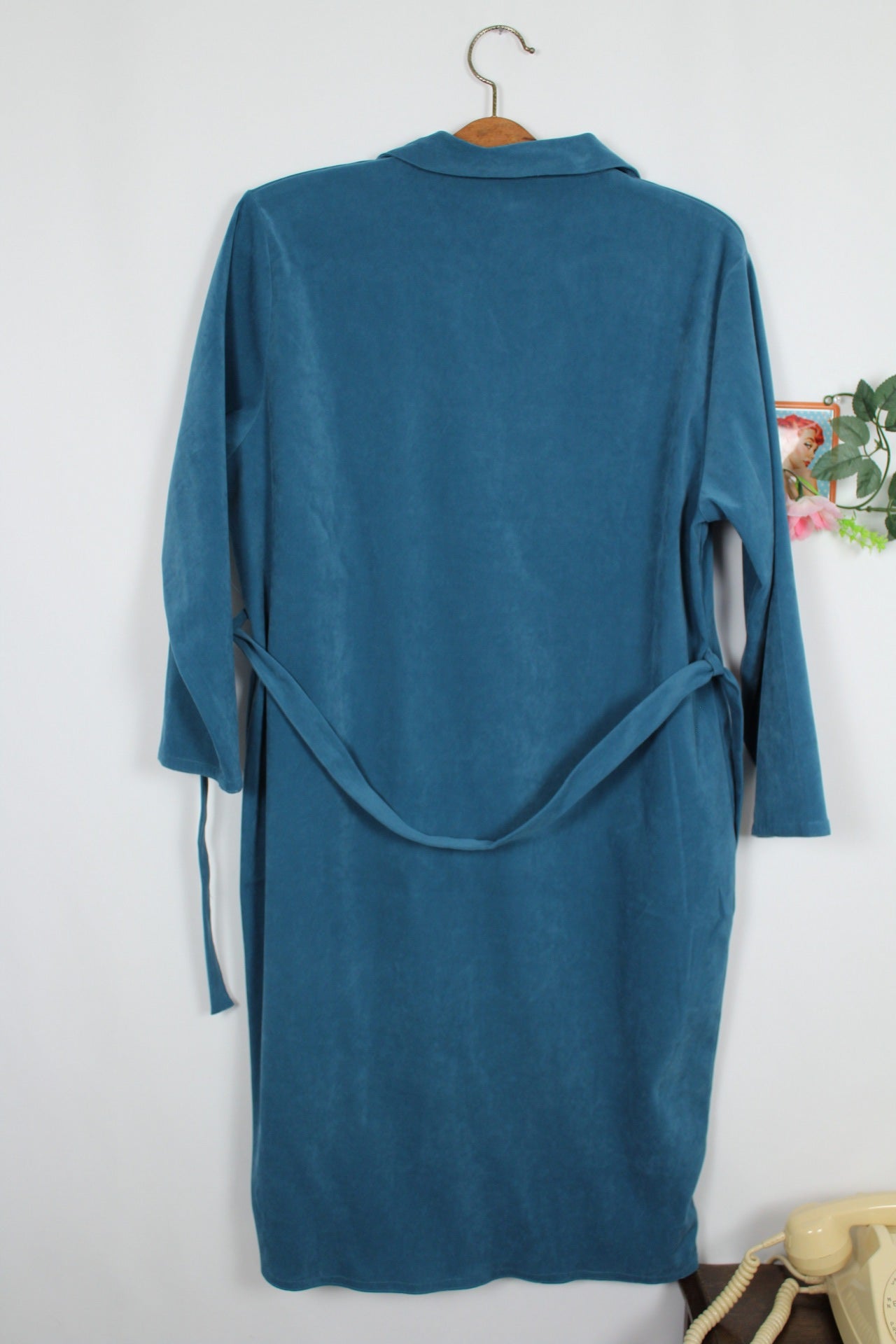 🌸🍒Robe bleu vintage velours lisse - esprit chemise ceinturée - années 90 - Taille 40/42🍒🌸