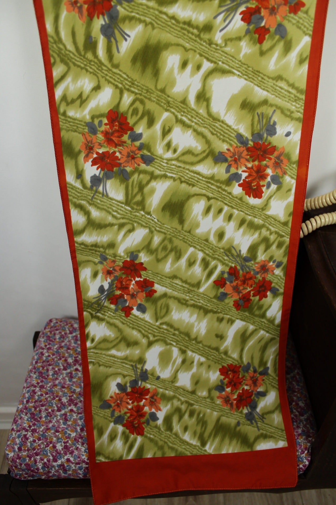 🌸🍒Foulard rectangulaire vintage 70's fleuri orange & kaki🍒🌸