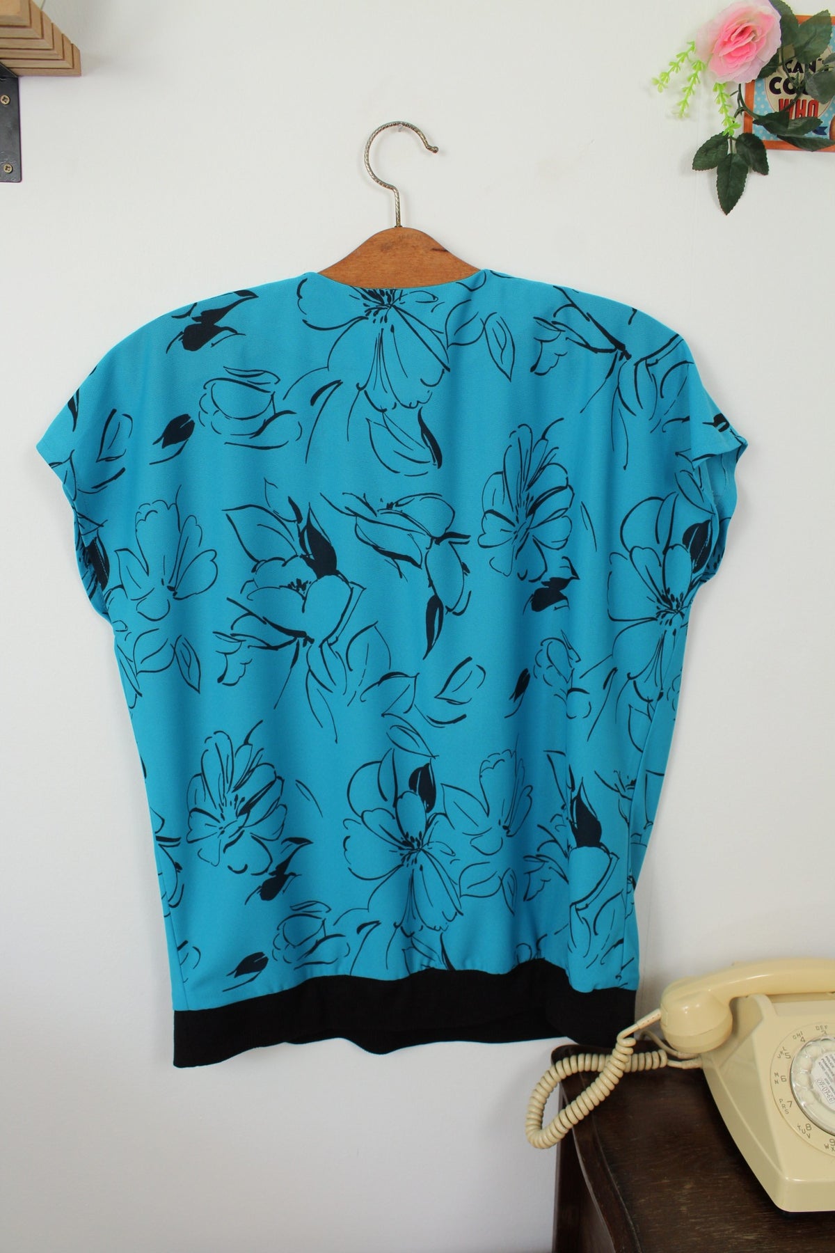🌸🍒Blouse vintage années 80 bleu lumineux fleuri - Taille 40/42🍒🌸