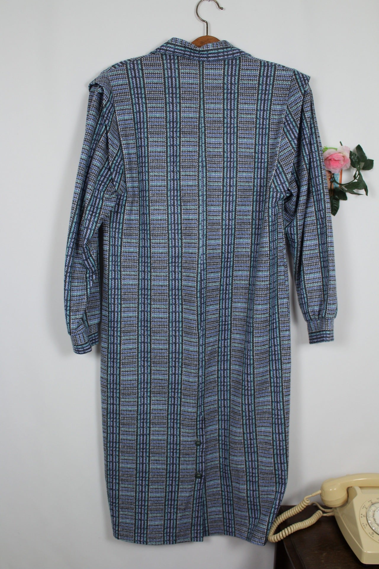🌸🍒Robe vintage 70/80's d'hiver graphique bleu & verte - ceinture incluse - Taille 38/40🍒🌸