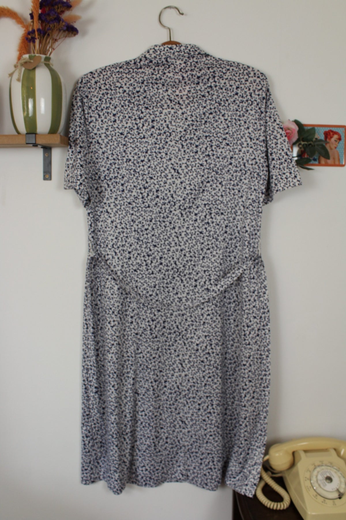 Robe chemisier vintage années 80 à pois bleu marine - pin-up chic à la française - Taille 40/42