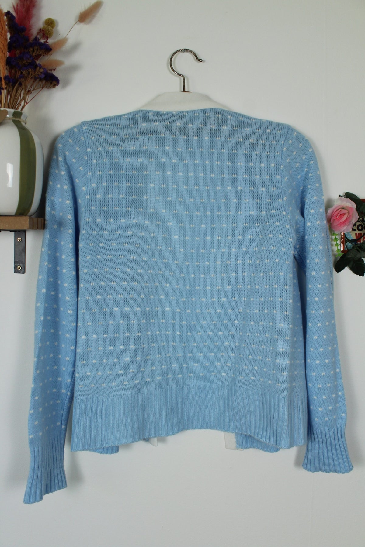 Cardigan pull vintage années 80 bleu ciel pep's à pois blanc - Taille 38