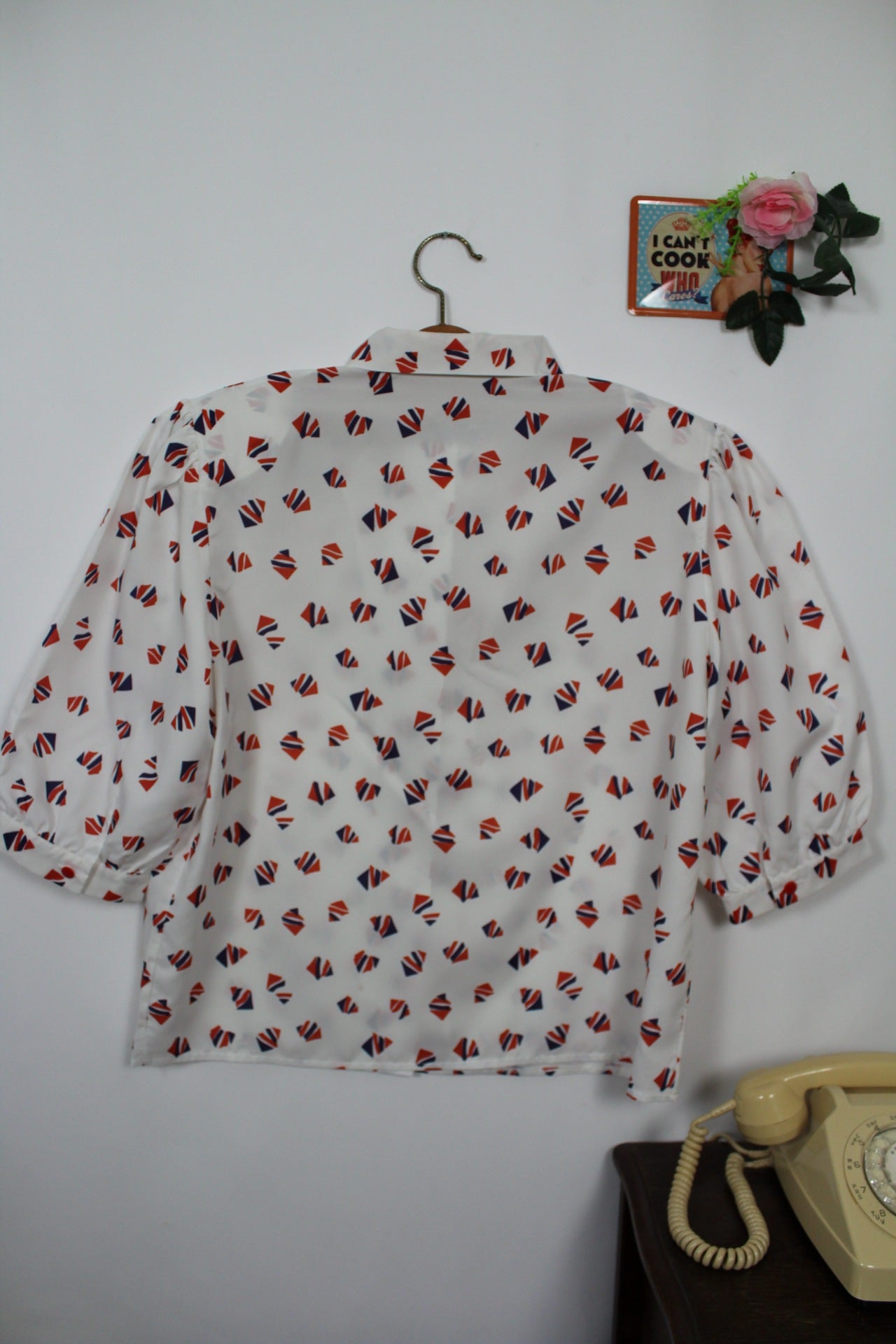 🌸🍒Chemisier vintage 80's blanc motifs géométriques - manches bouffantes - Taille 40/42