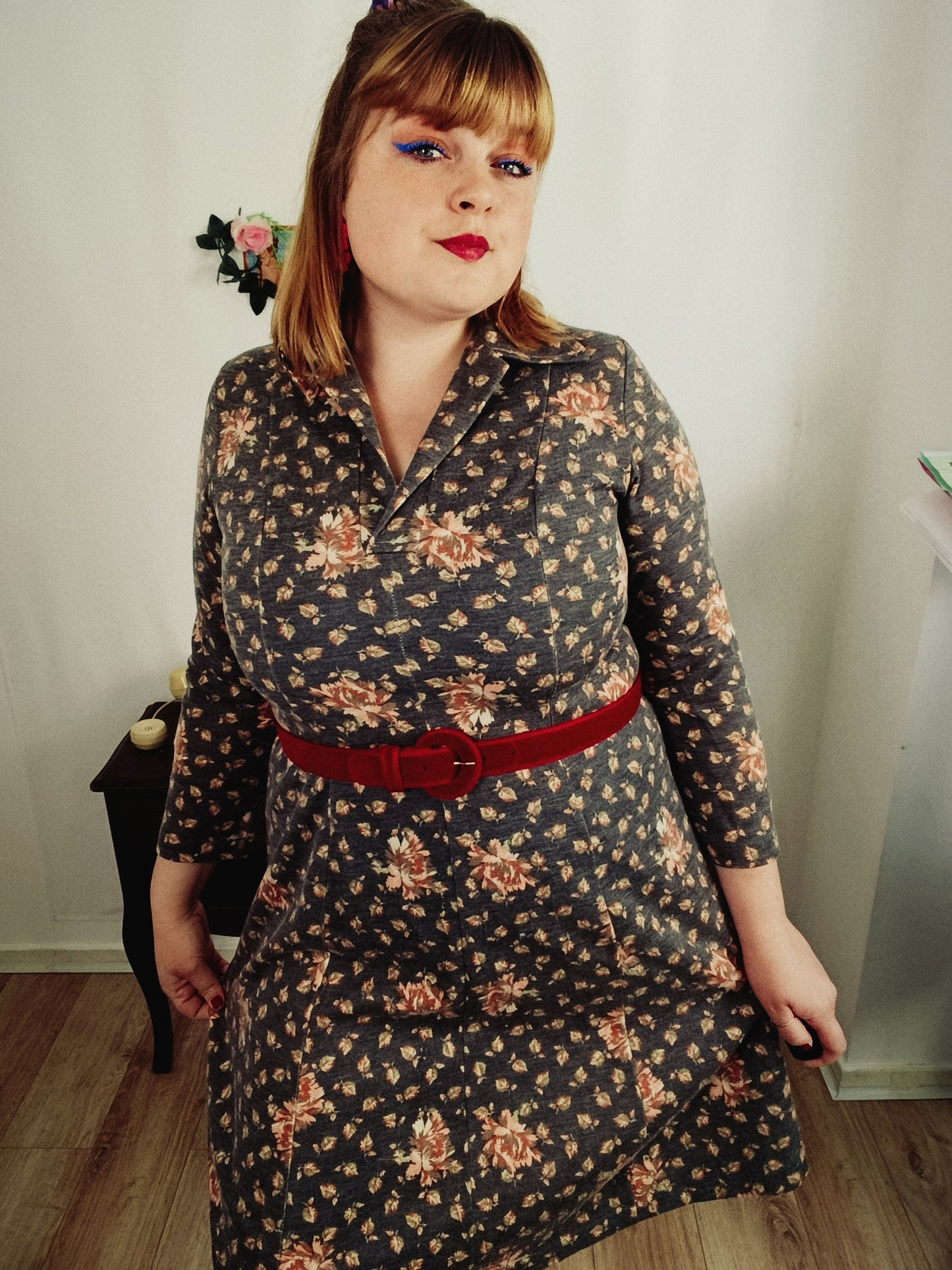 🌸🍒Robe vintage 70/80's grise fleurie évasée col chemise - T.40/42🍒🌸