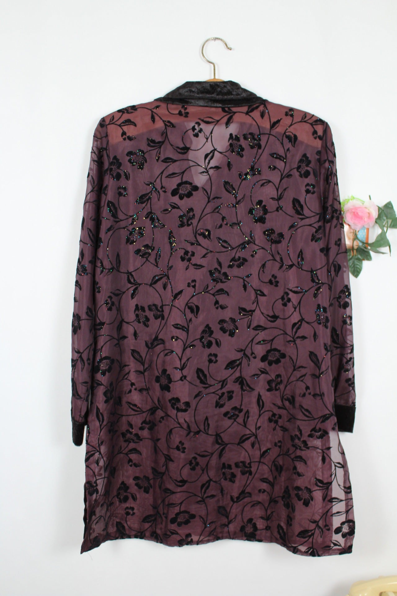 🌸🍒Chemise vintage 90's violette velours & paillettes - élégance mystique -Taille 38🍒🌸