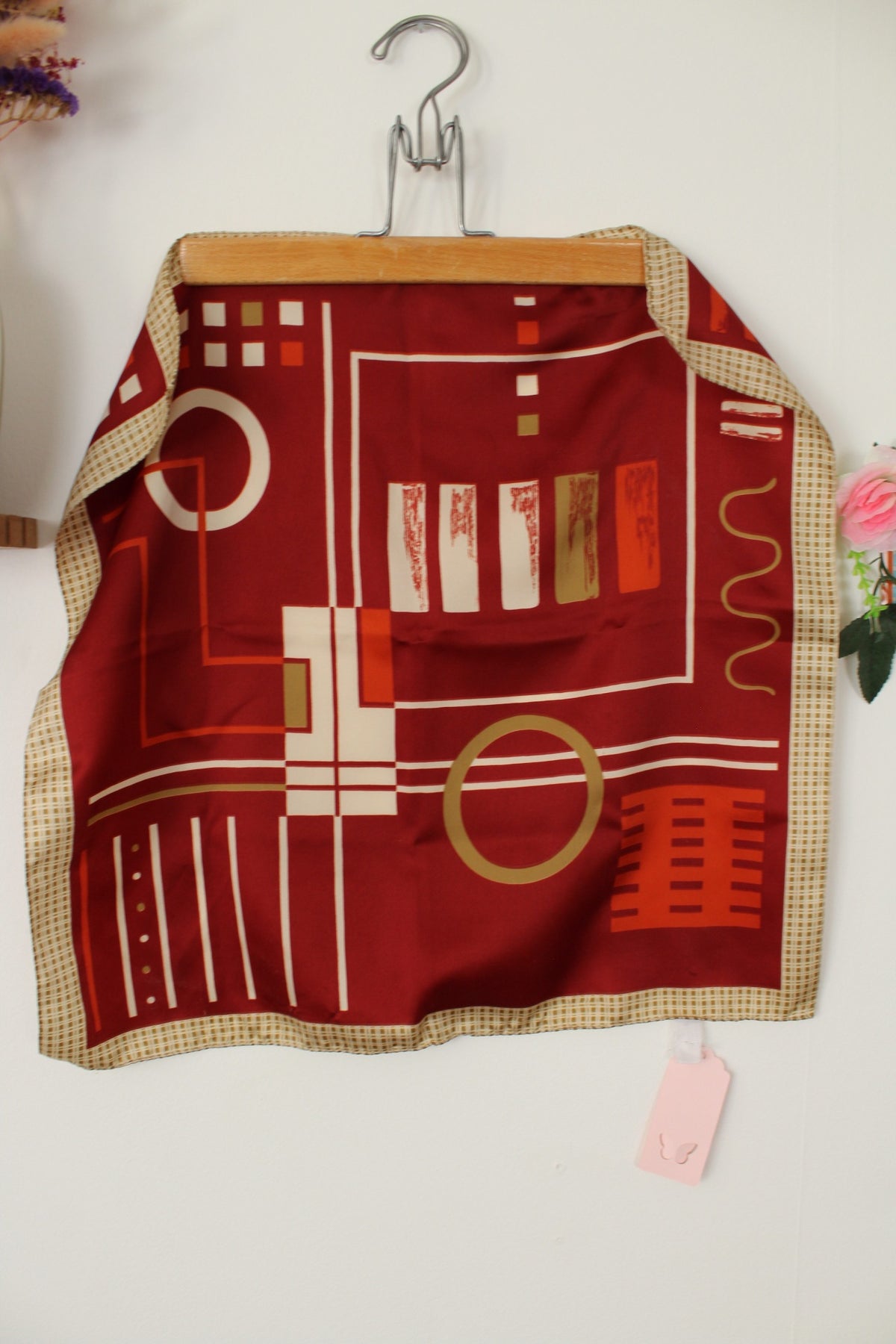 🌸🍒Foulard vintage années 70 bordeaux satiné formes géométriques🍒🌸