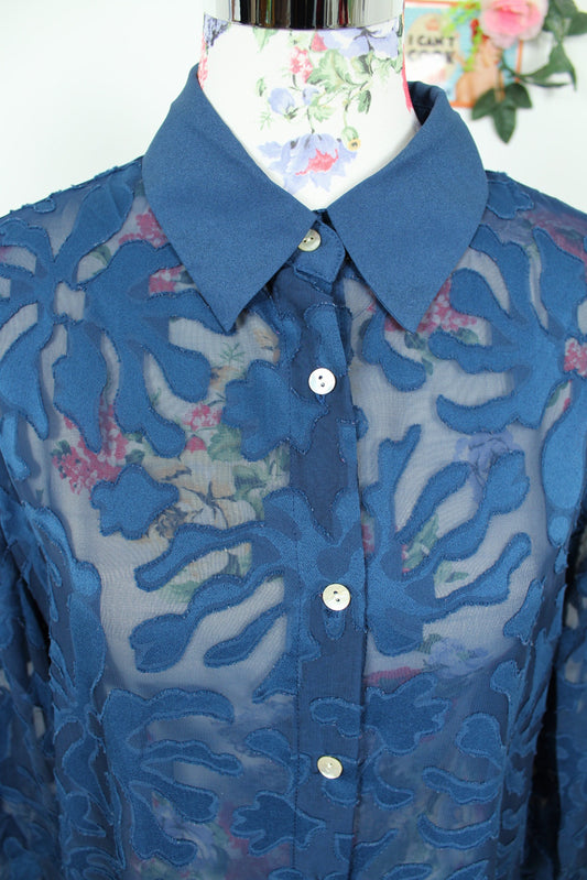 🍒🌸Chemise vintage 80/90s bleu marine - voile transparent - Taille 40/42🌸🍒