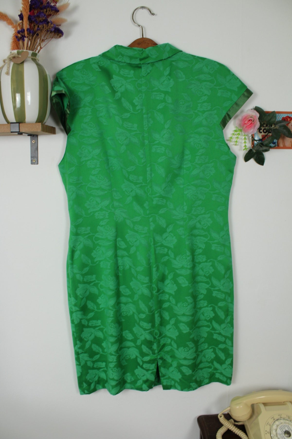 Robe vintage années 80/90 romantique vert satiné & roses ton sur ton - Taille 40