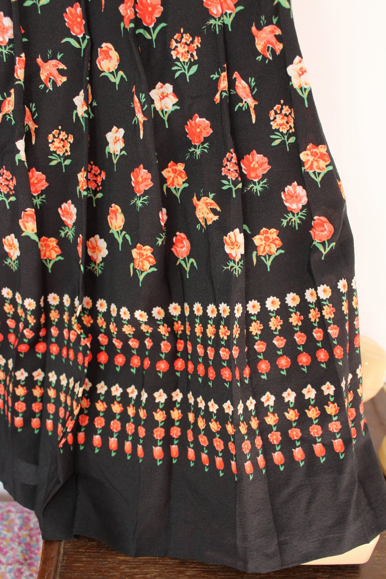 🌸🍒Jupe plissée vintage 70's romantique oiseaux & fleurs - Taille 36🍒🌸