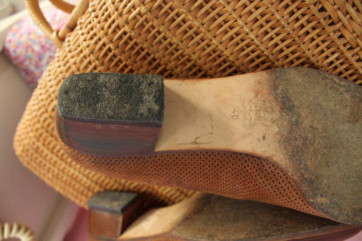 Derbies vintage années 80 marron tout cuir & petit talon bottier - pointure 40