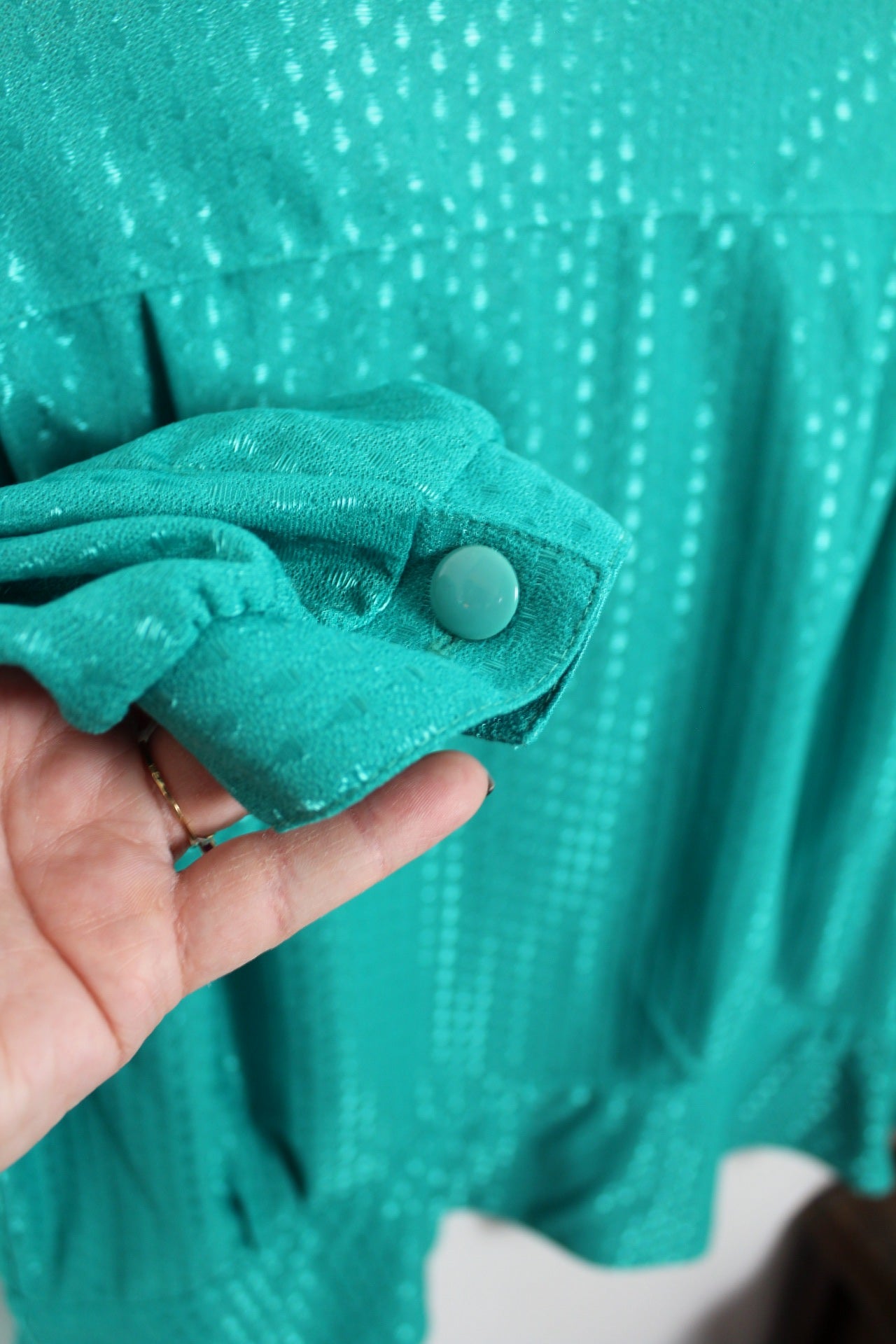 🌸🍒Blouse vintage 70's turquoise fuseaux satinés et col officier - Taille 38 à 42🍒🌸