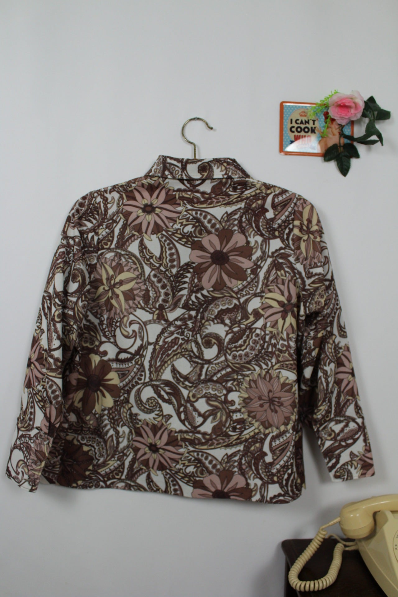 🍒🌸Blouse vintage baroque 70s - tons bruns & beige chic - Taille 40/42🌸🍒
