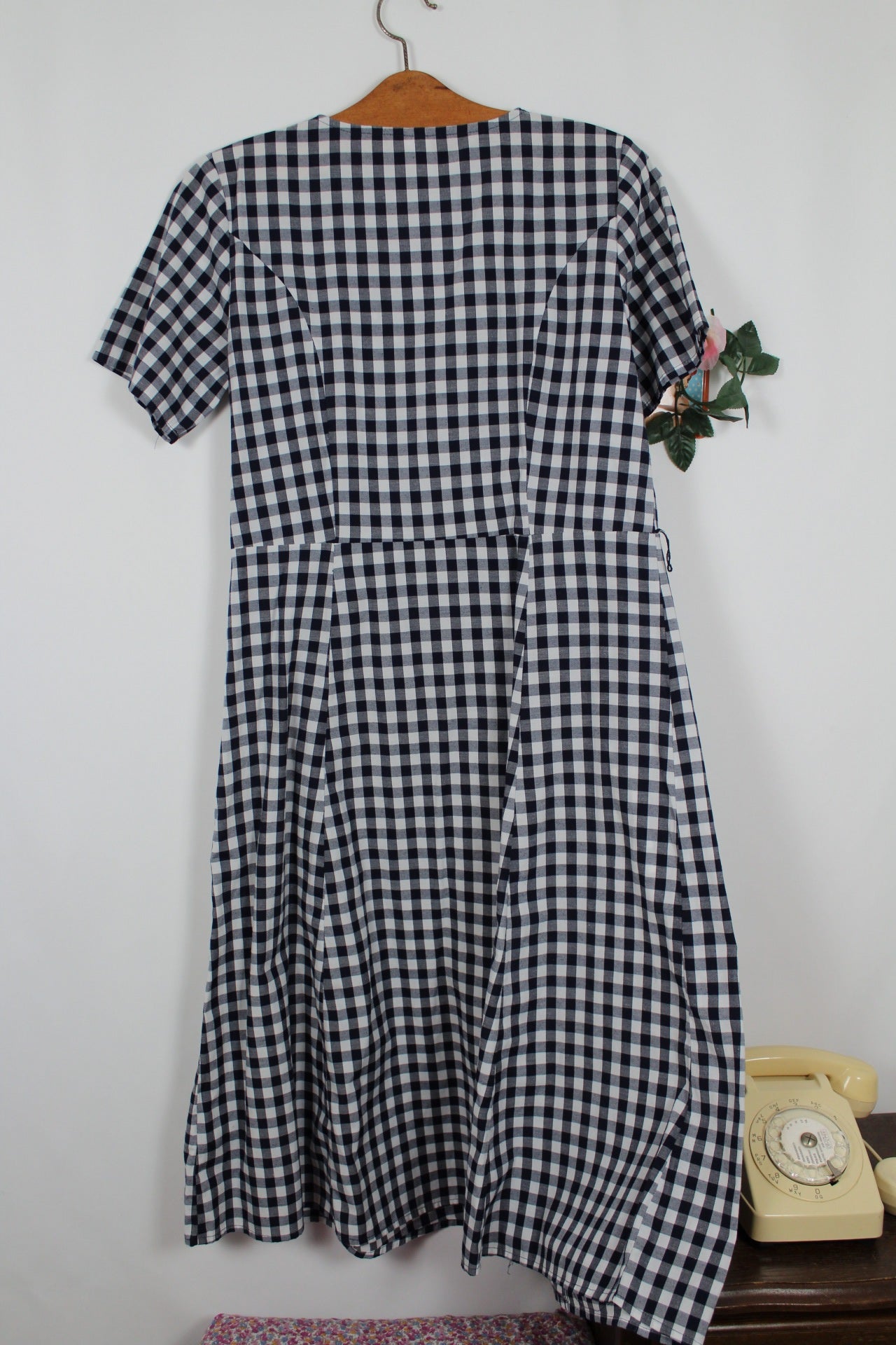 🍒🌸Robe pin-up rétro bohème vichy blanc et marine - boutons en bois - made in India - Taille 40/42🌸🍒
