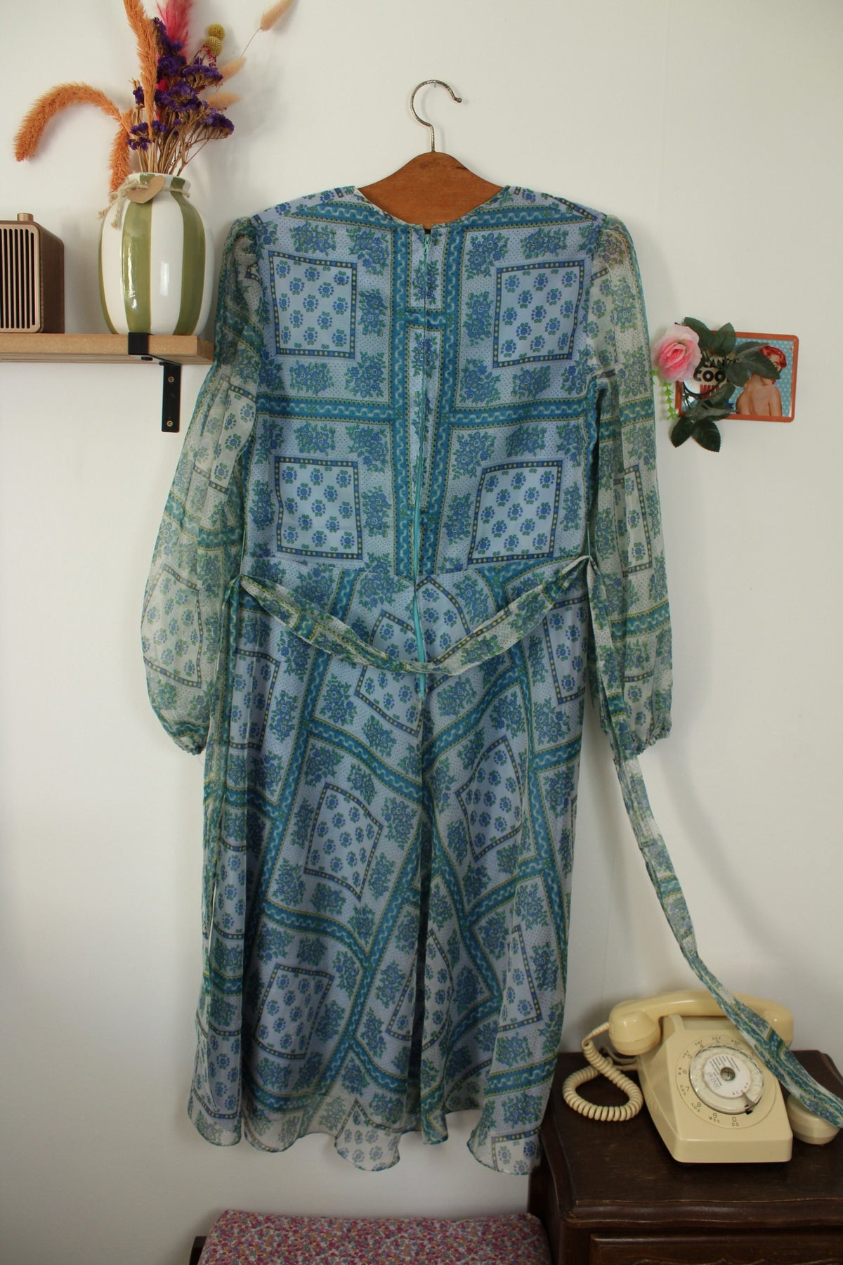 Robe midi vintage années 70 - bohème fleurie manches transparentes - Taille 38