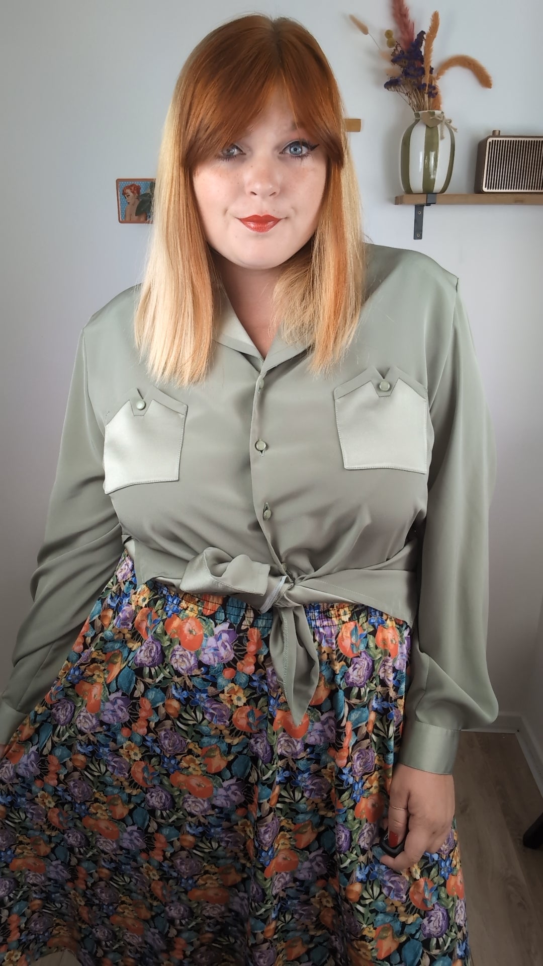 Chemise vintage années 80/90 vert sauge satinée - chic made in France - Taille 46/48