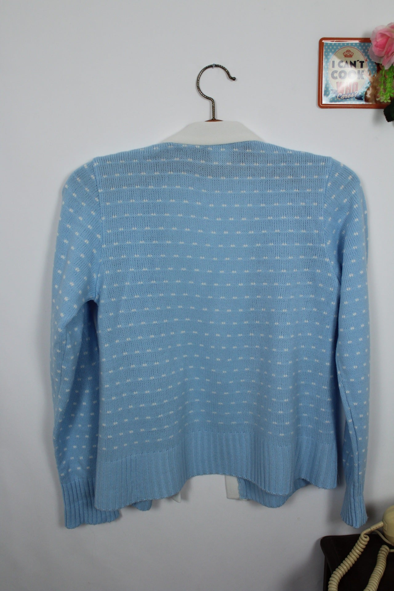 🌸🍒Cardigan vintage 80's bleu ciel à pois blanc pin up - Taille 38🍒🌸