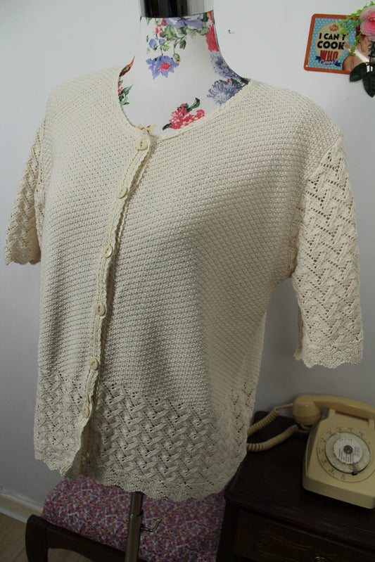 🌸🍒Gilet crème vintage 90's manches courtes crocheté 100% coton - Taille 42/44🍒🌸