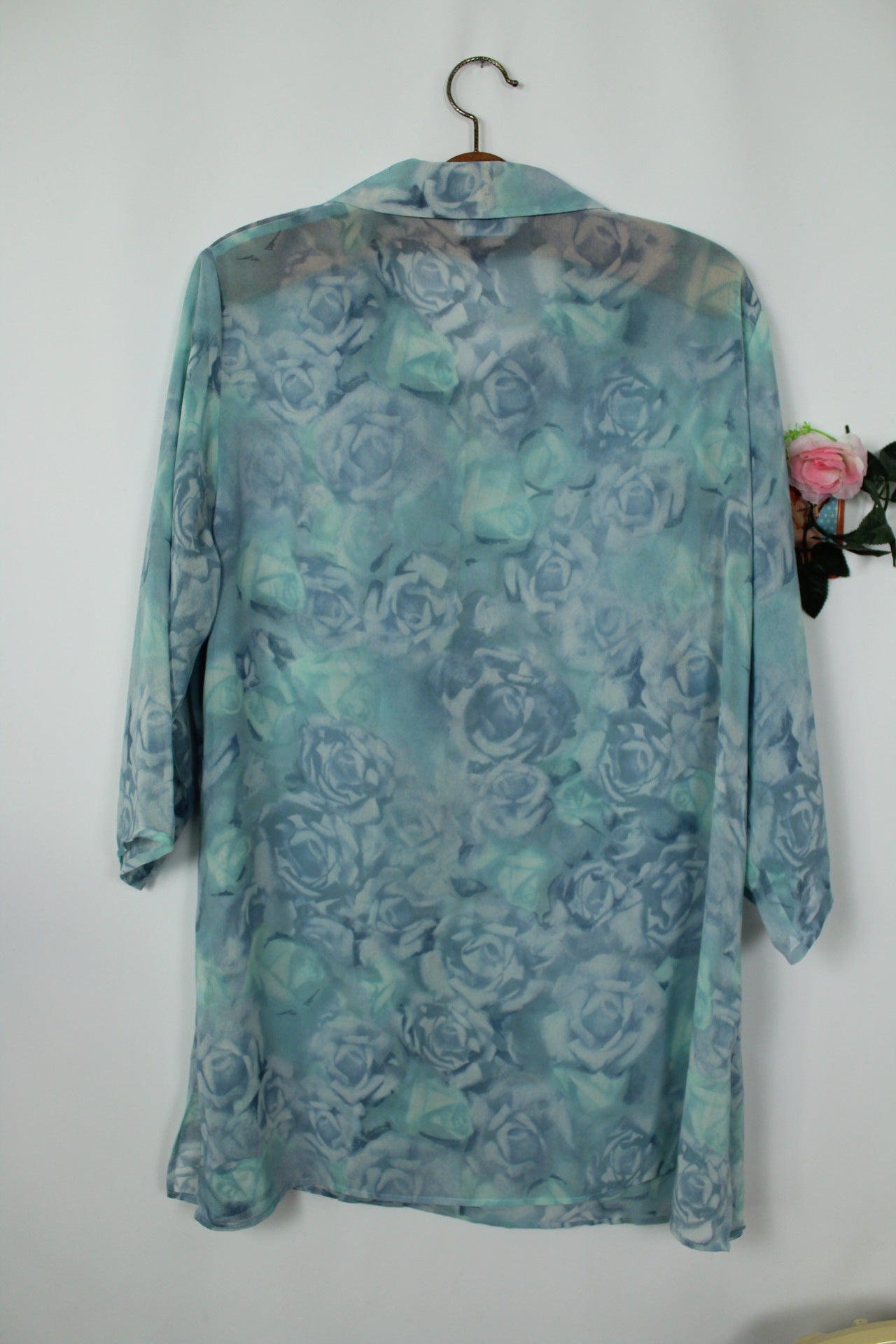 🌸🍒Chemise longue vintage 90's voile roses bleues - Taille 44/46🍒🌸