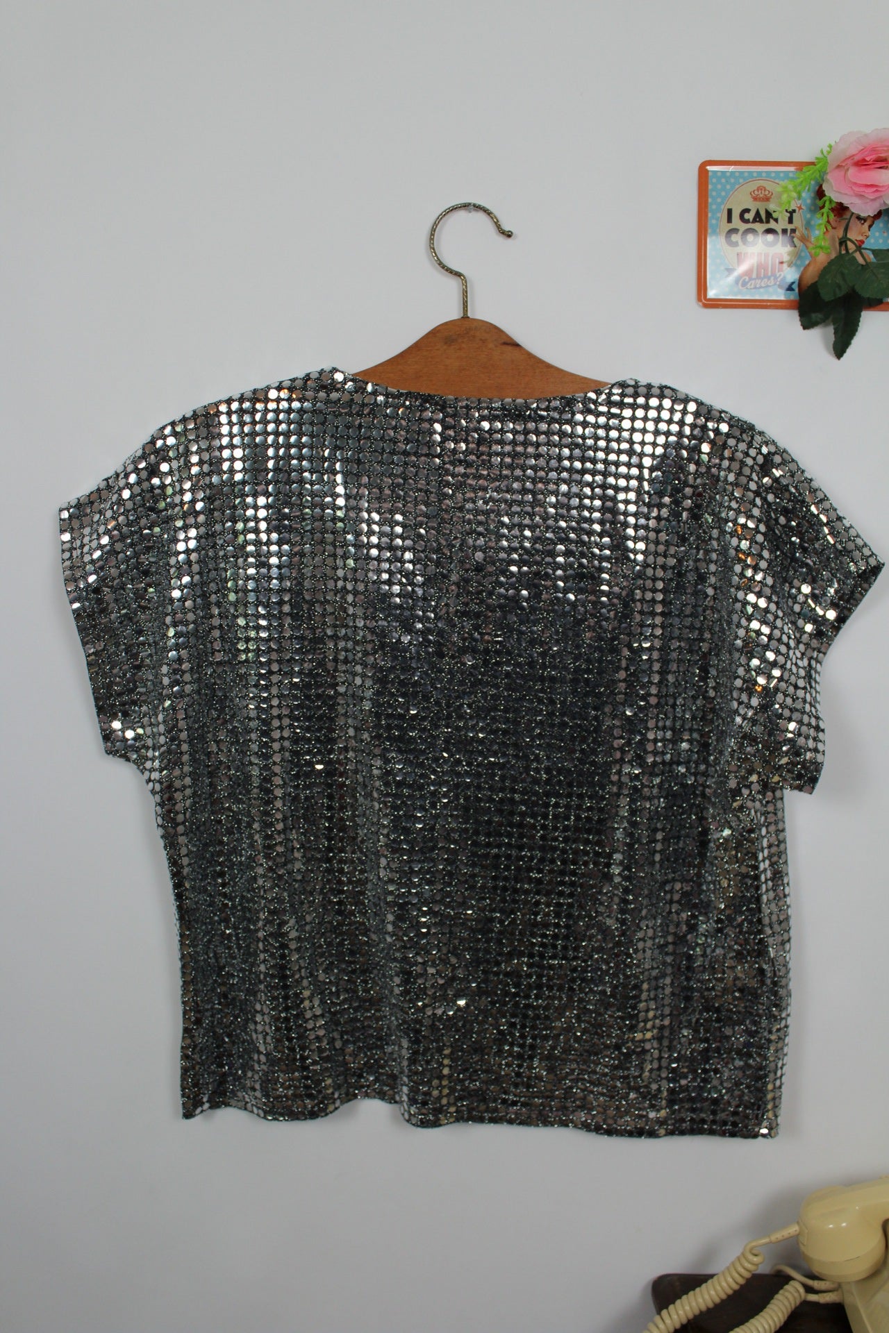 🌸🍒Blouse vintage 80's résille métallisée patch ronds argentés - style soirée disco - Taille 38 à 42🍒🌸