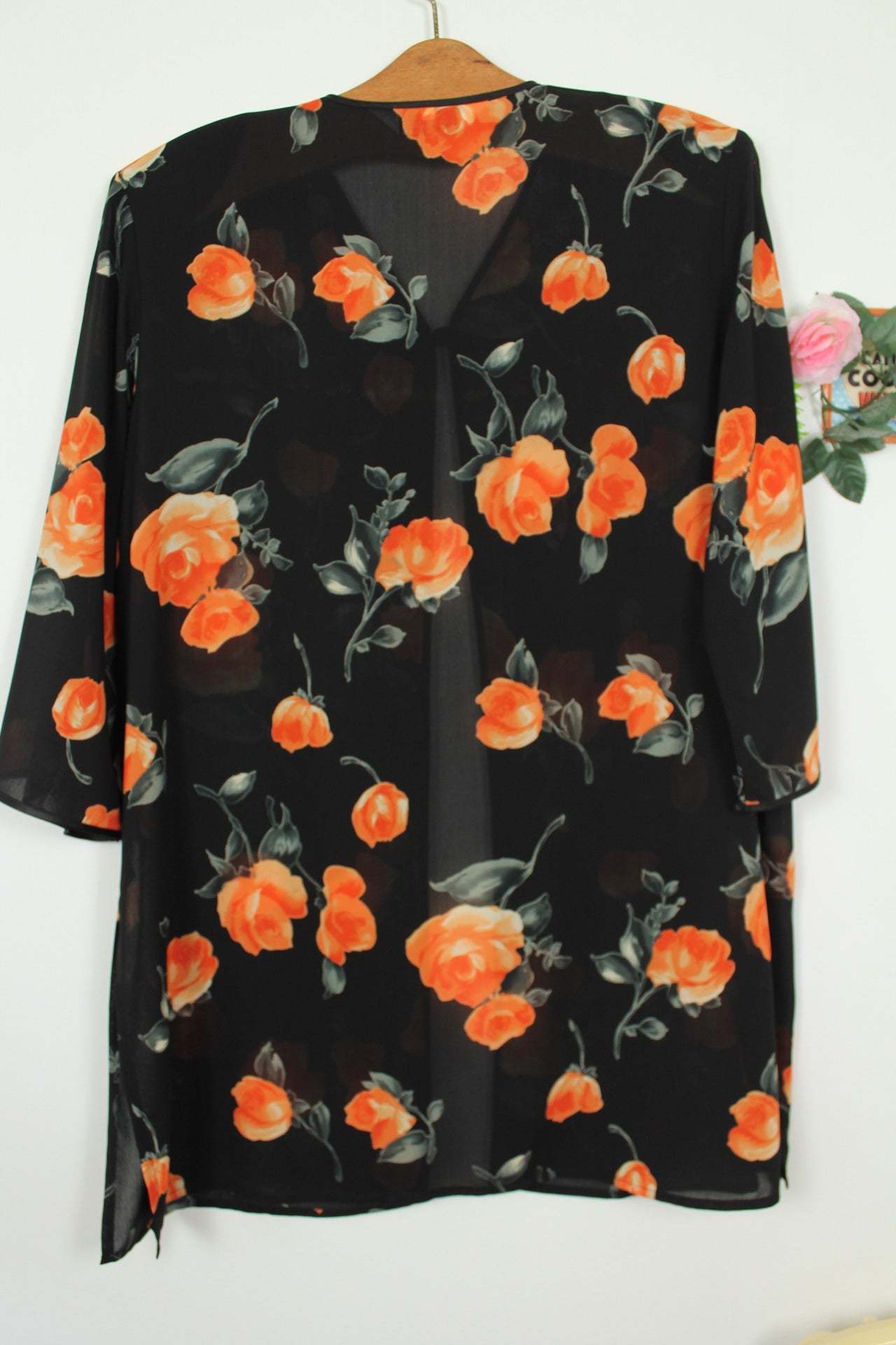 🌸🍒Cardigan vintage 80/90's voile noir transparent & roses en aquarelle - Taille 42/44🍒🌸
