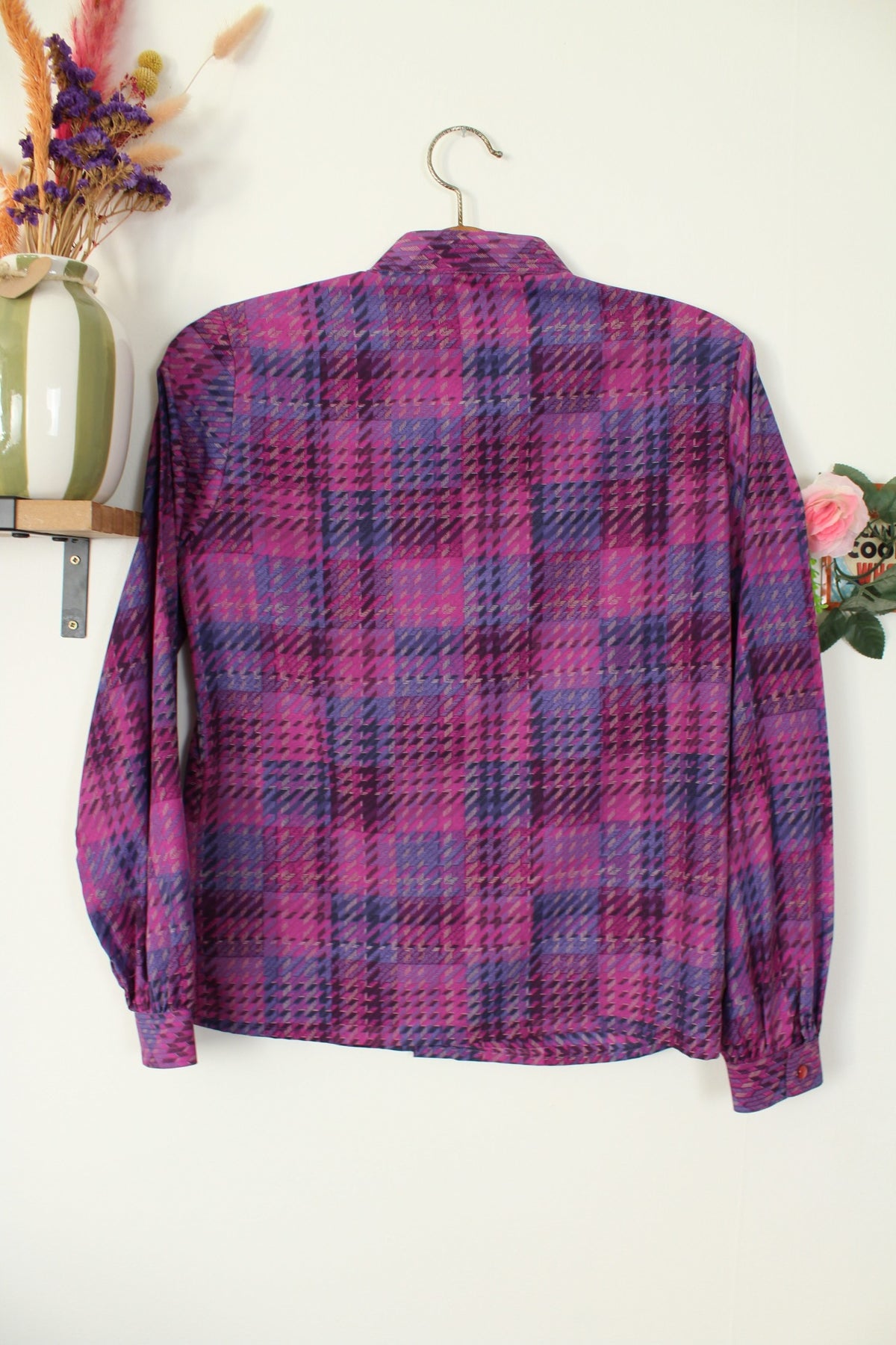 Chemise vintage années 80 violet à carreaux tartan col officier - Taille 38