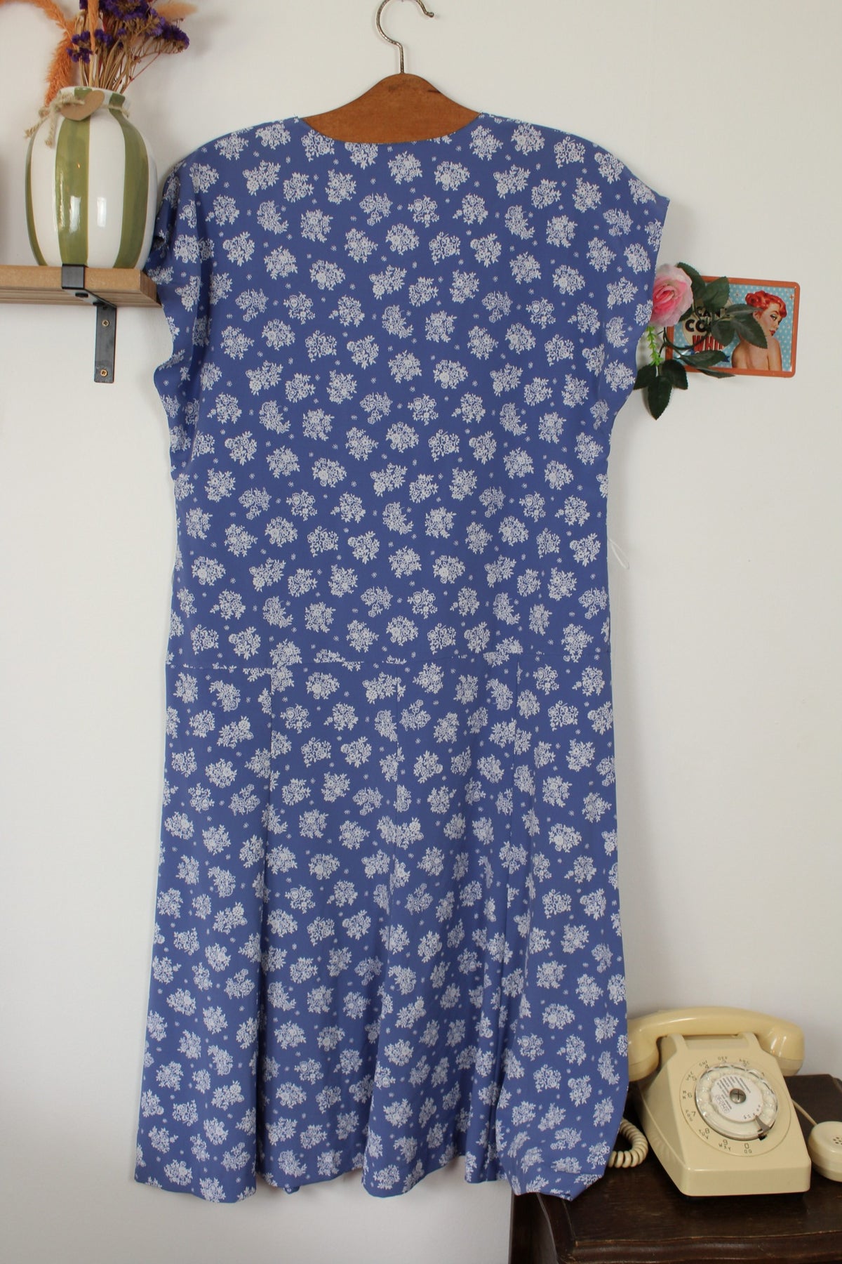 🌸🍒Robe vintage 90's bleue & bouquets de fleurs - Gevana made in France - Taille 42/44🍒🌸