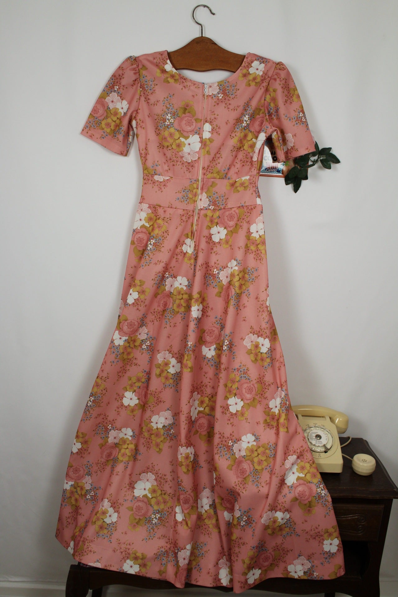 🌸🍒Robe longue vintage 70's bohème romantique rose poudrée fleurie - Taille 34/36🍒🌸