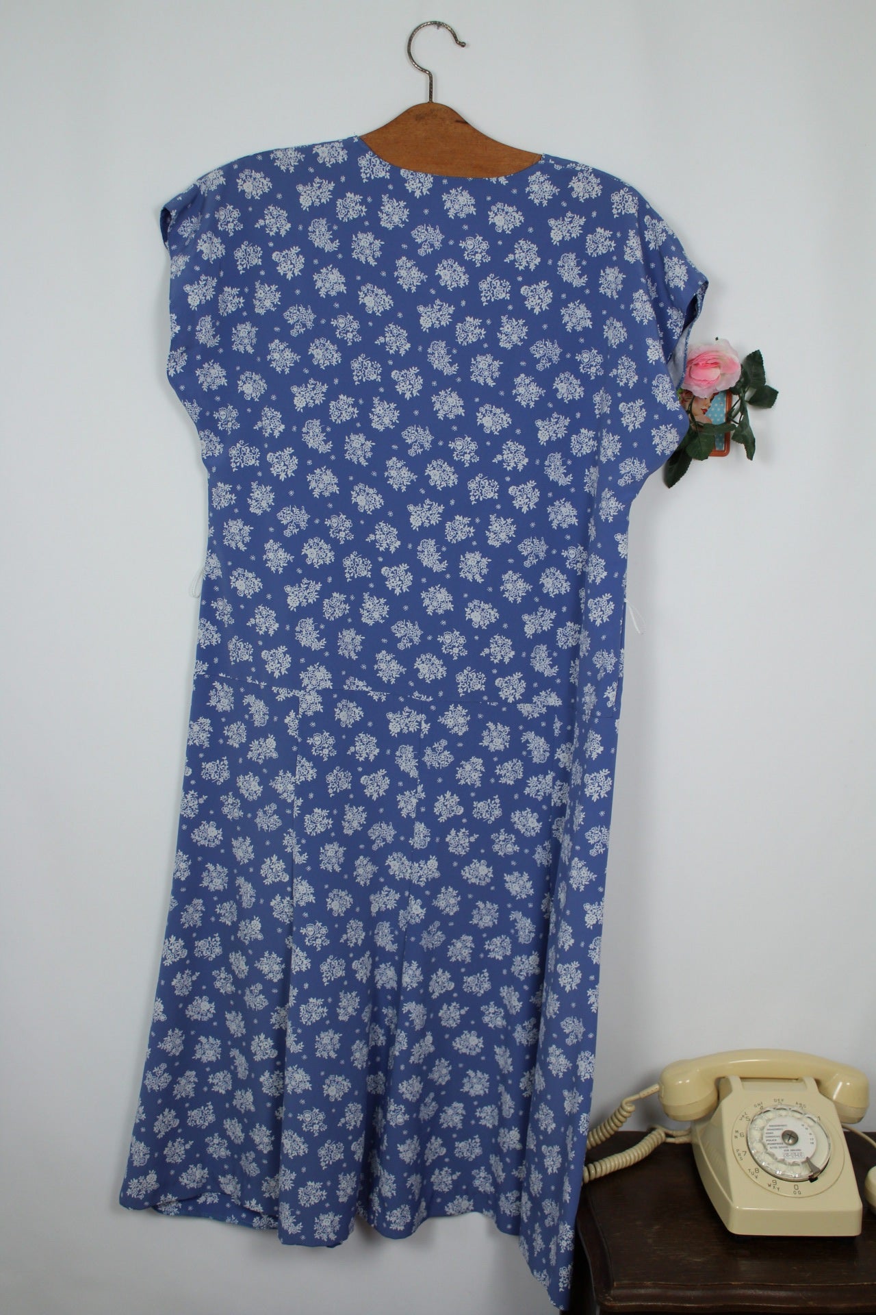 🌸🍒Robe vintage 90's bleue & bouquets de fleurs - Gevana made in France - Taille 42/44🍒🌸