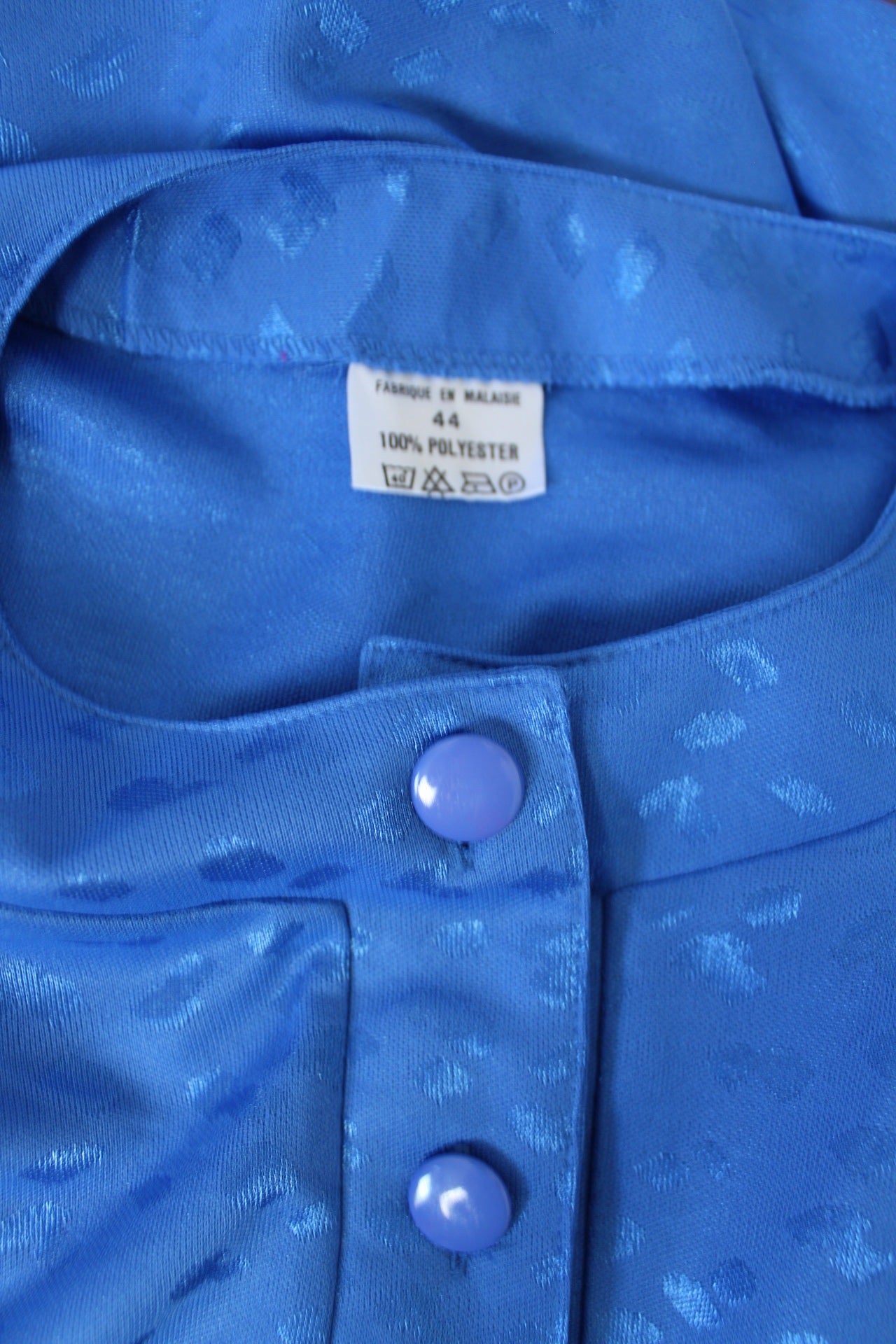 🌸🍒Blouse vintage 80's bleu vif - motifs satinés léopard - Taille 40 à 44🍒🌸
