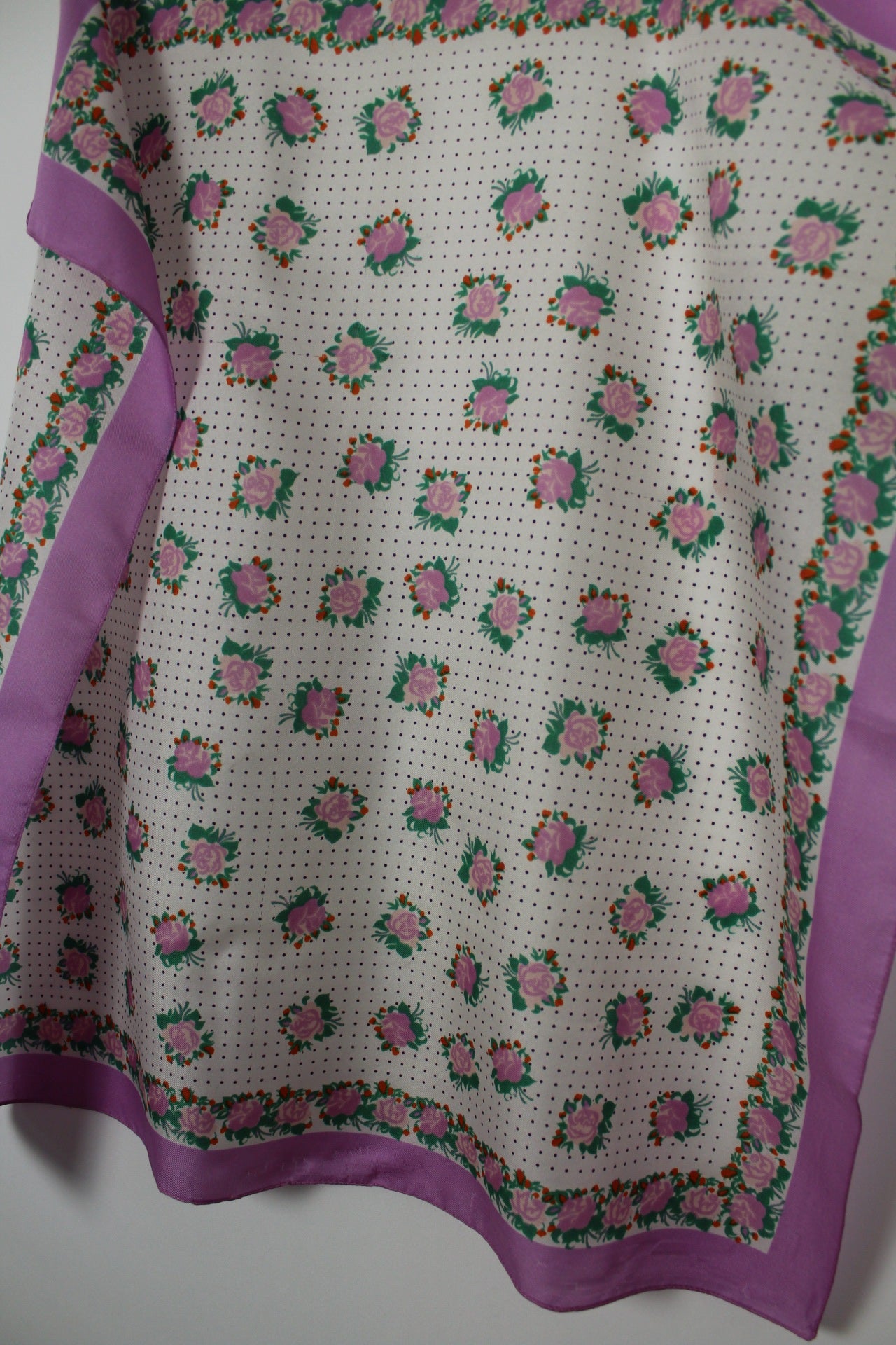 🌸🍒Foulard vintage 80's couleur lila motifs pois et roses 🍒🌸