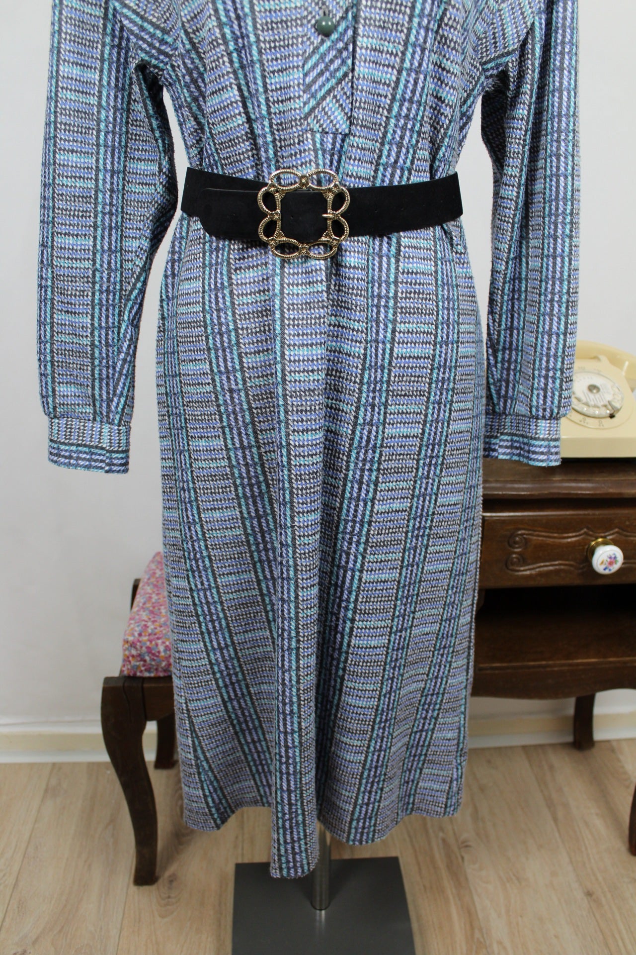 🌸🍒Robe vintage 70/80's d'hiver graphique bleu & verte - ceinture incluse - Taille 38/40🍒🌸