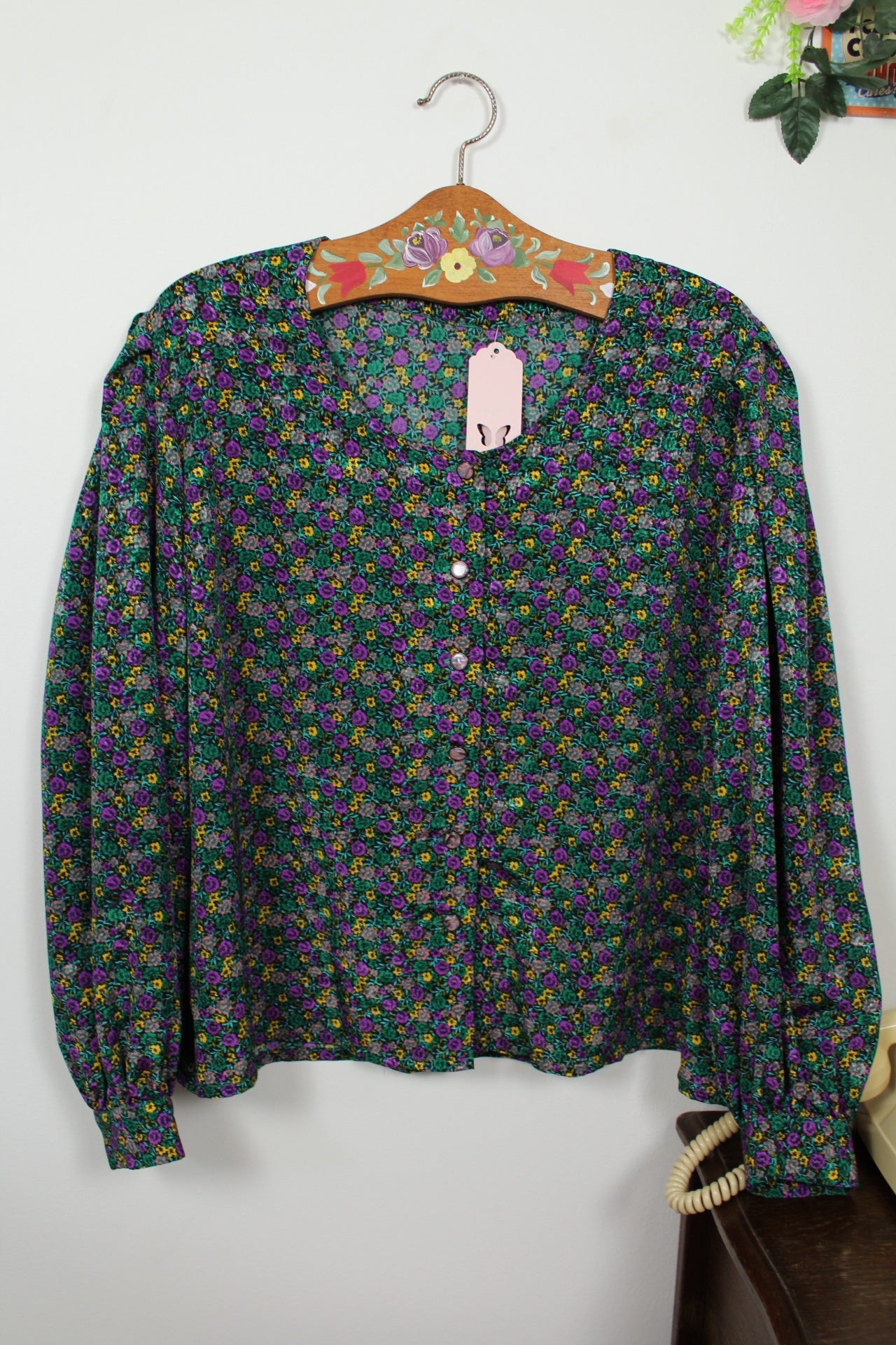 🌸🍒Blouse vintage 80/90s fait main fleurie - manches bouffantes & boutons nacrés - Taille 46/48🍒🌸