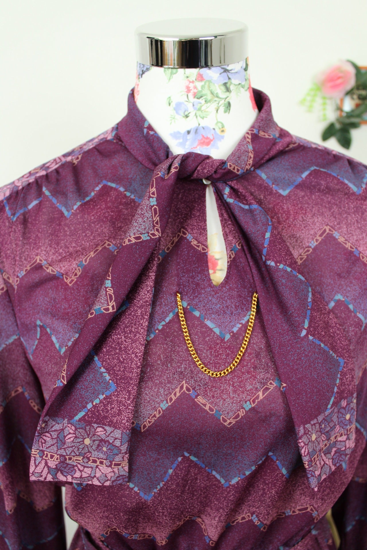 🌸🍒Robe vintage 70/80's violette zig zag preppy chic col lavallière - Taille 38/40🍒🌸