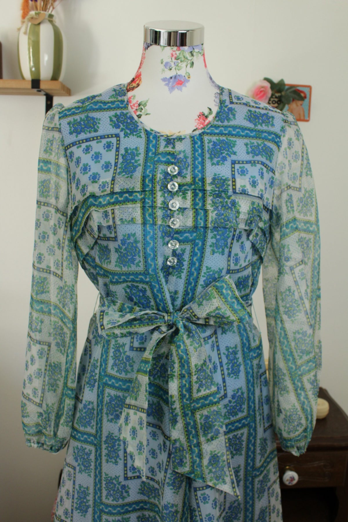Robe midi vintage années 70 - bohème fleurie manches transparentes - Taille 38