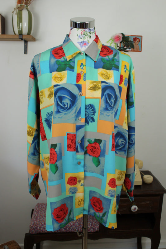 Chemise vintage années 80/90 colorblock & fleurs réalistes - Taille 46/48