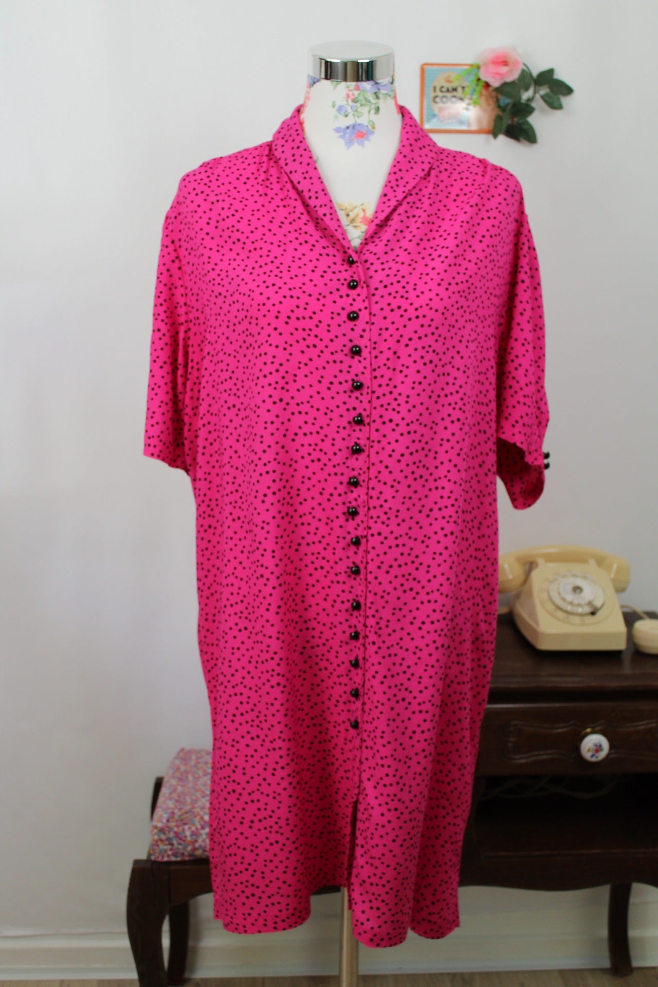 🌸🍒Robe vintage 80's rose pep's et pois style pin-up/rockabilly 50's - Taille 42/44🍒🌸