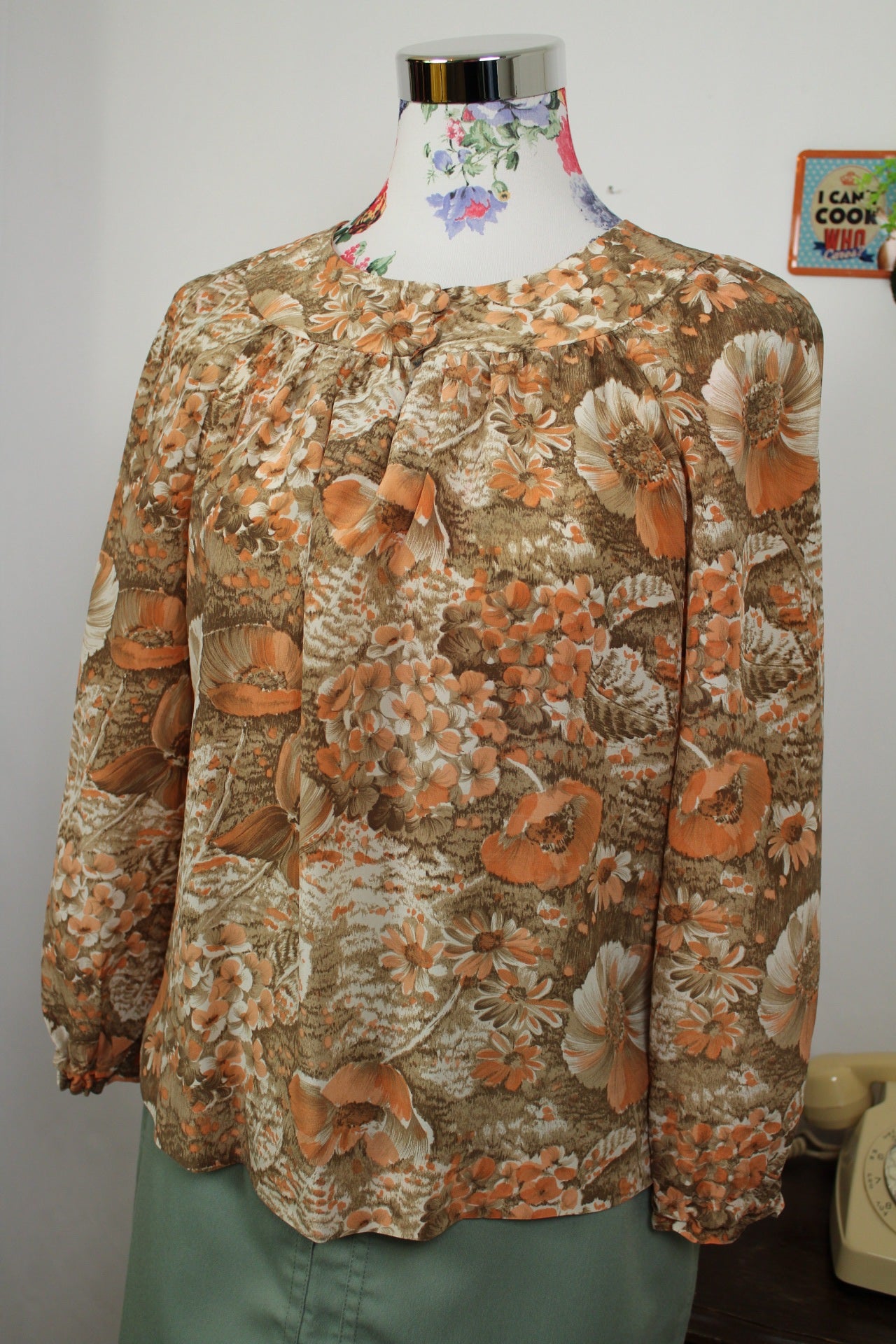 🌸🍒Blouse vintage 70's "papier peint - fleurs automnales" légère - Taille 38/40🍒🌸