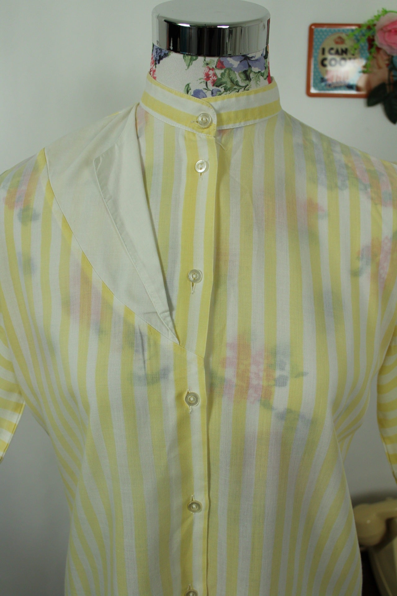 🌸🍒Chemisier jaune rayé vintage 80's col officier - T.38 ou petit 40🍒🌸