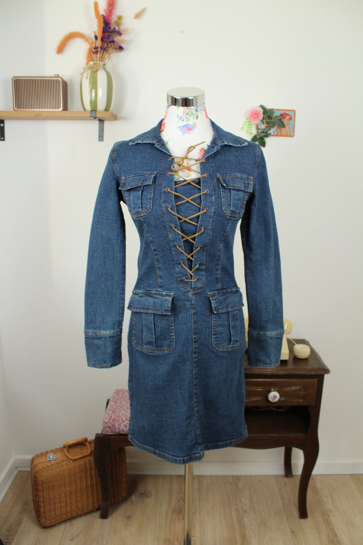 Robe vintage années 90 en jean & laçage marron - Taille 36