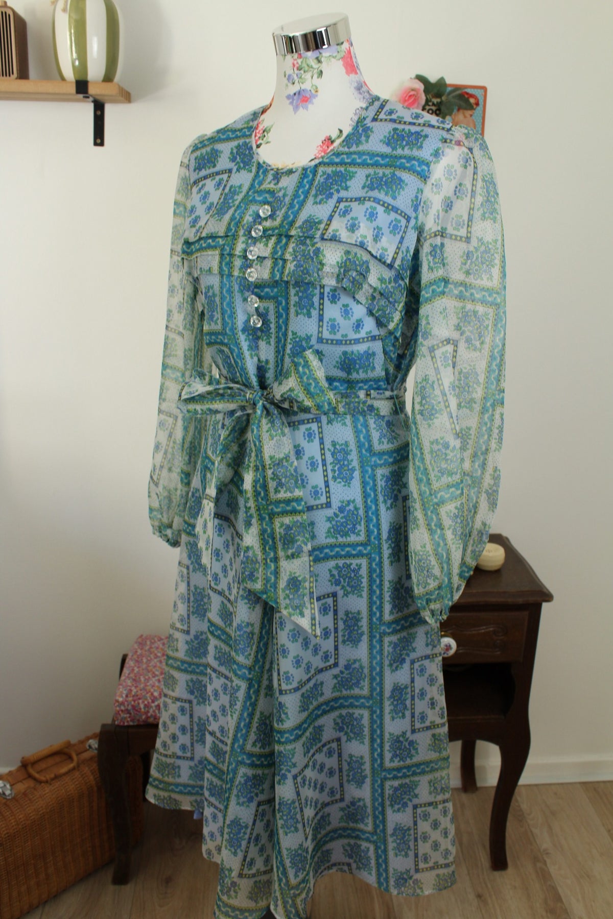 Robe midi vintage années 70 - bohème fleurie manches transparentes - Taille 38