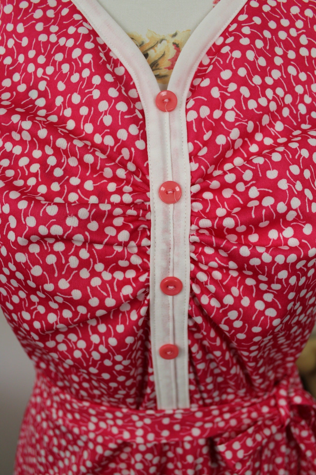 🌸🍒Robe vintage 70's rose pep's motif petites cerises style pin-up🍒🌸