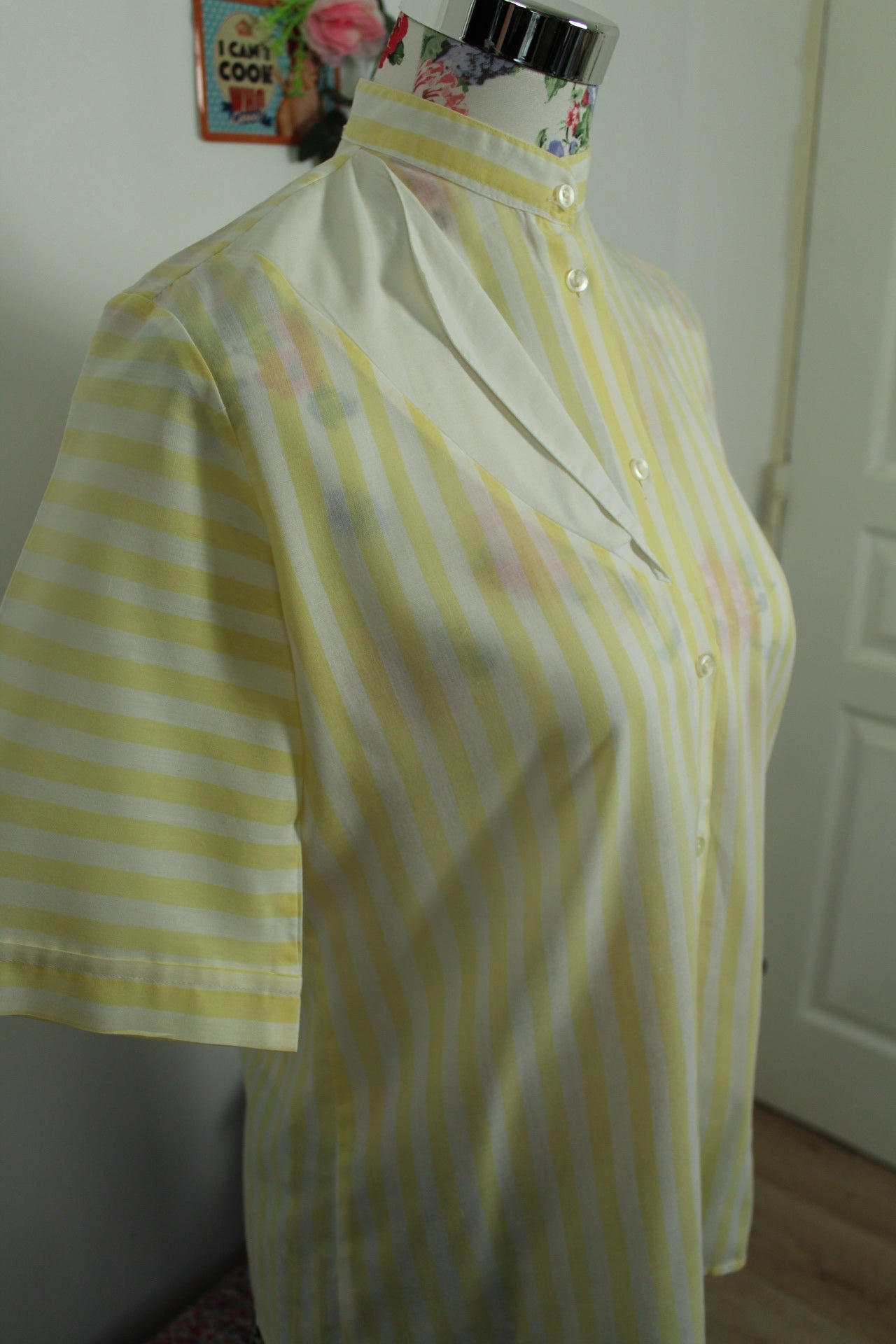 🌸🍒Chemisier jaune rayé vintage 80's col officier - T.38 ou petit 40🍒🌸