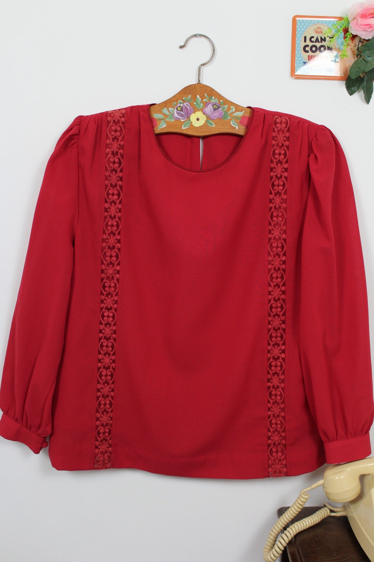 🌸🍒Blouse vintage 90's rouge romantique & broderies fleuries - Taille 40/42🍒🌸