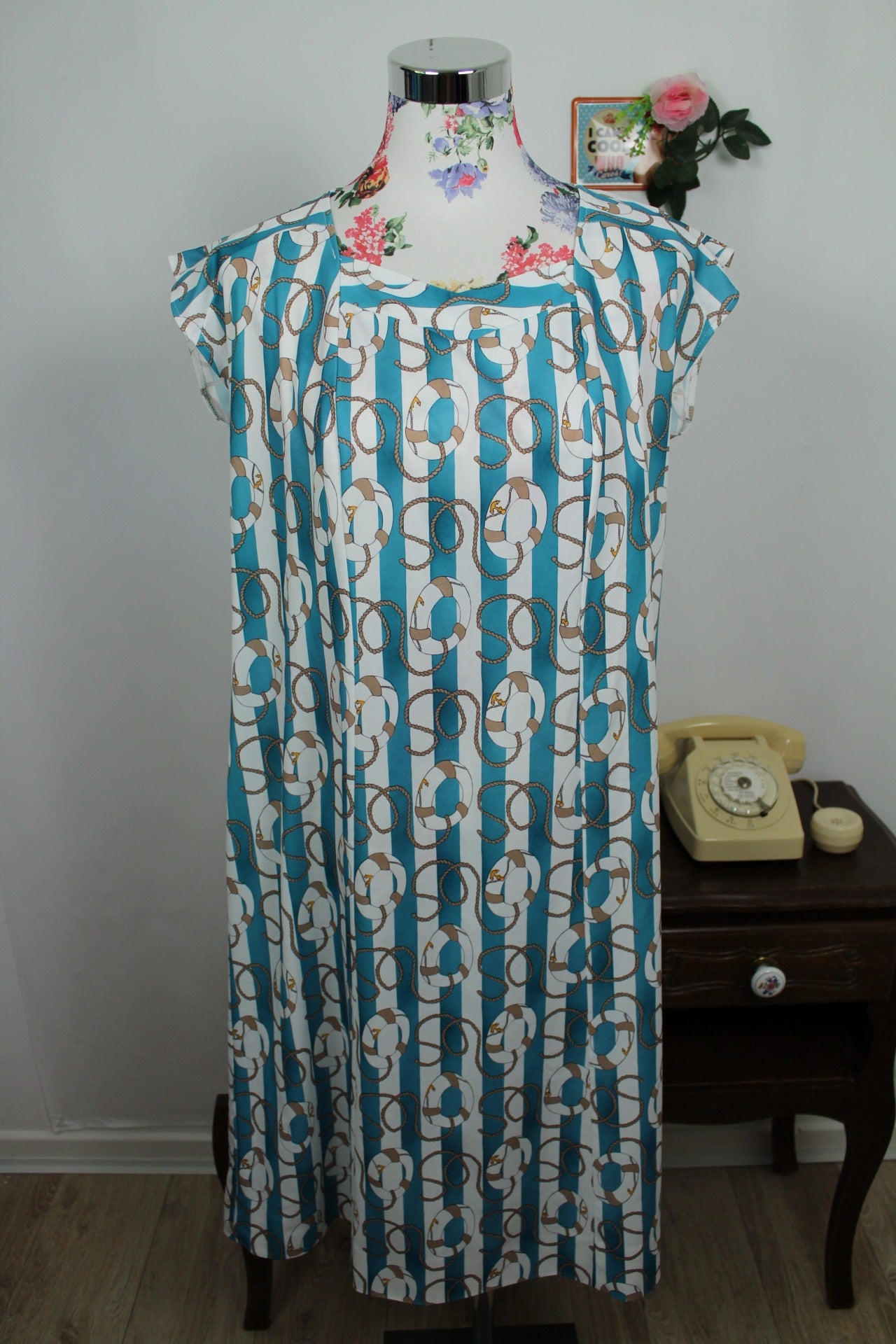 🌸🍒Robe vintage 80's Navy rayures turquoises & motifs nautiques - Taille 38 à 42🍒🌸