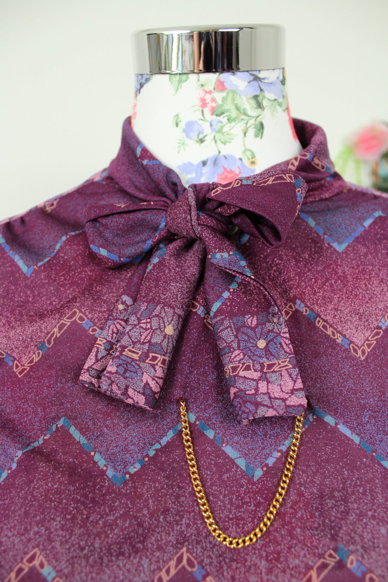 🌸🍒Robe vintage 70/80's violette zig zag preppy chic col lavallière - Taille 38/40🍒🌸