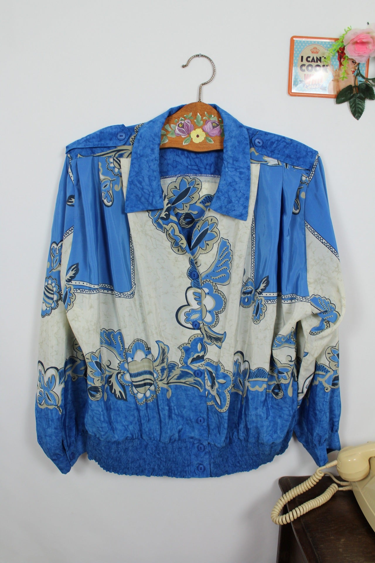 🍒🌸Chemise vintage baroque bleu & ivoire - années 80 - Taille 40 à 44🌸🍒