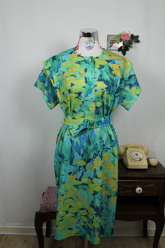 🌸🍒Robe verte vintage 80's arty esprit coups de pinceau Picasso et ceinture - Taille 42/44🍒🌸