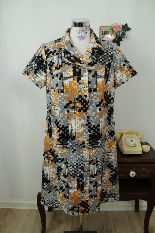 🌸🍒Robe vintage 60/70's motif psyché abstrait orange, noir & gris - Taille 40/42🍒🌸