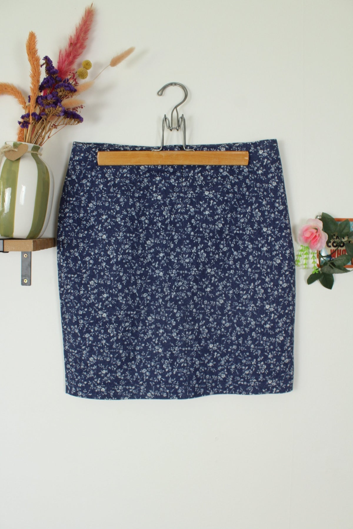Jupe vintage années 90 Nina Kalio en denim effet fleuri liberty - Taille 40