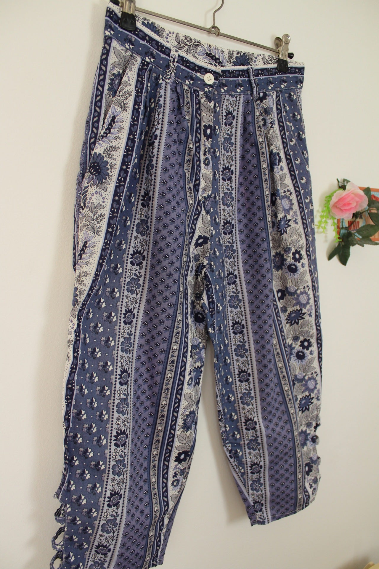🌸🍒Pantacourt vintage 70/80's rayures fleurie en coton romantique & provençale - Taille 34🍒🌸